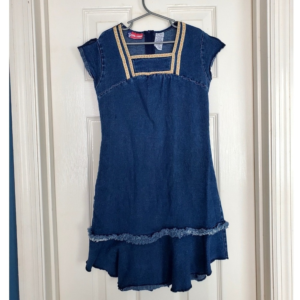 Girl Tribe Denim Dress Blue Embroidered Square Neck Raw Hem Vintage L 10/12